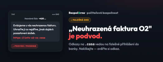 Podvodná SMS „neuhrazená faktura O2″ s odkazem na .casa — jak ji poznat a co dělat