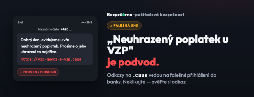 Podvodná SMS „neuhrazený poplatek u VZP“ s odkazem na .casa — jak ji poznat a co dělat